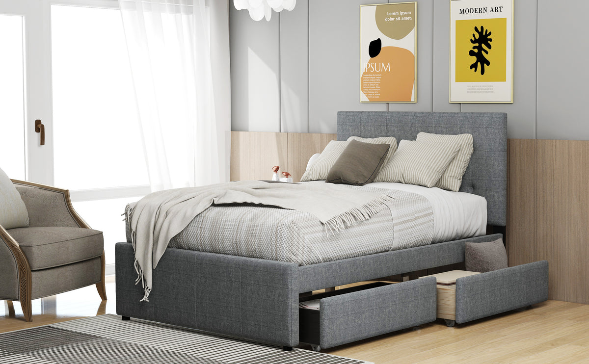 Linen Platform Bed with Headboard White