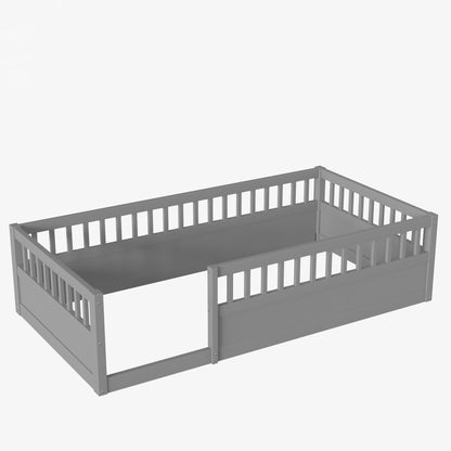 Gray Kids Floor Bed Frame with Fence