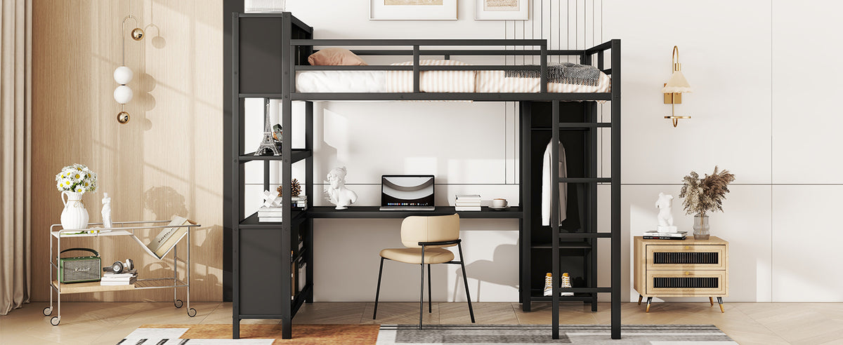 Metal L-Shaped Loft Bed – Black