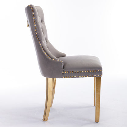 Tufted Velvet Dining Chair Set (2 pcs) – Gray & Gold Legs