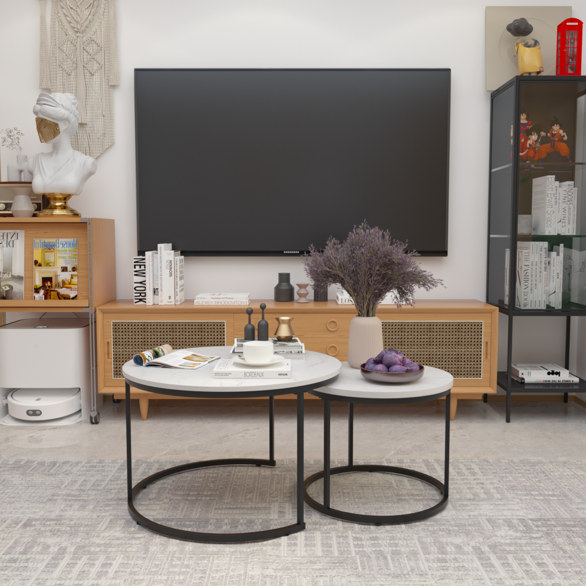 White 2-Piece Round Nesting Coffee Table Set – Marble-Look Wood Top with Metal Frame