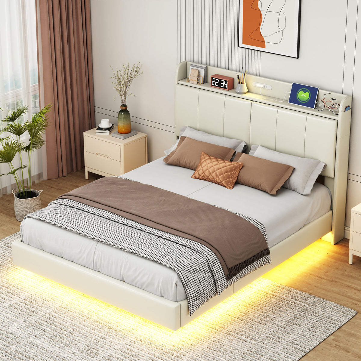 Platform Bed with Sensor Light and USB Beige