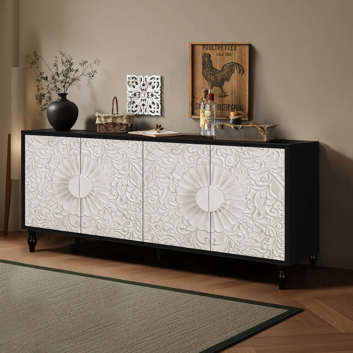 Vintage White Faceted Accent Cabinet with Black Frame