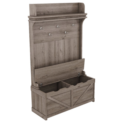 Oak Hall Tree with Hooks, Shelves, and Storage Bench