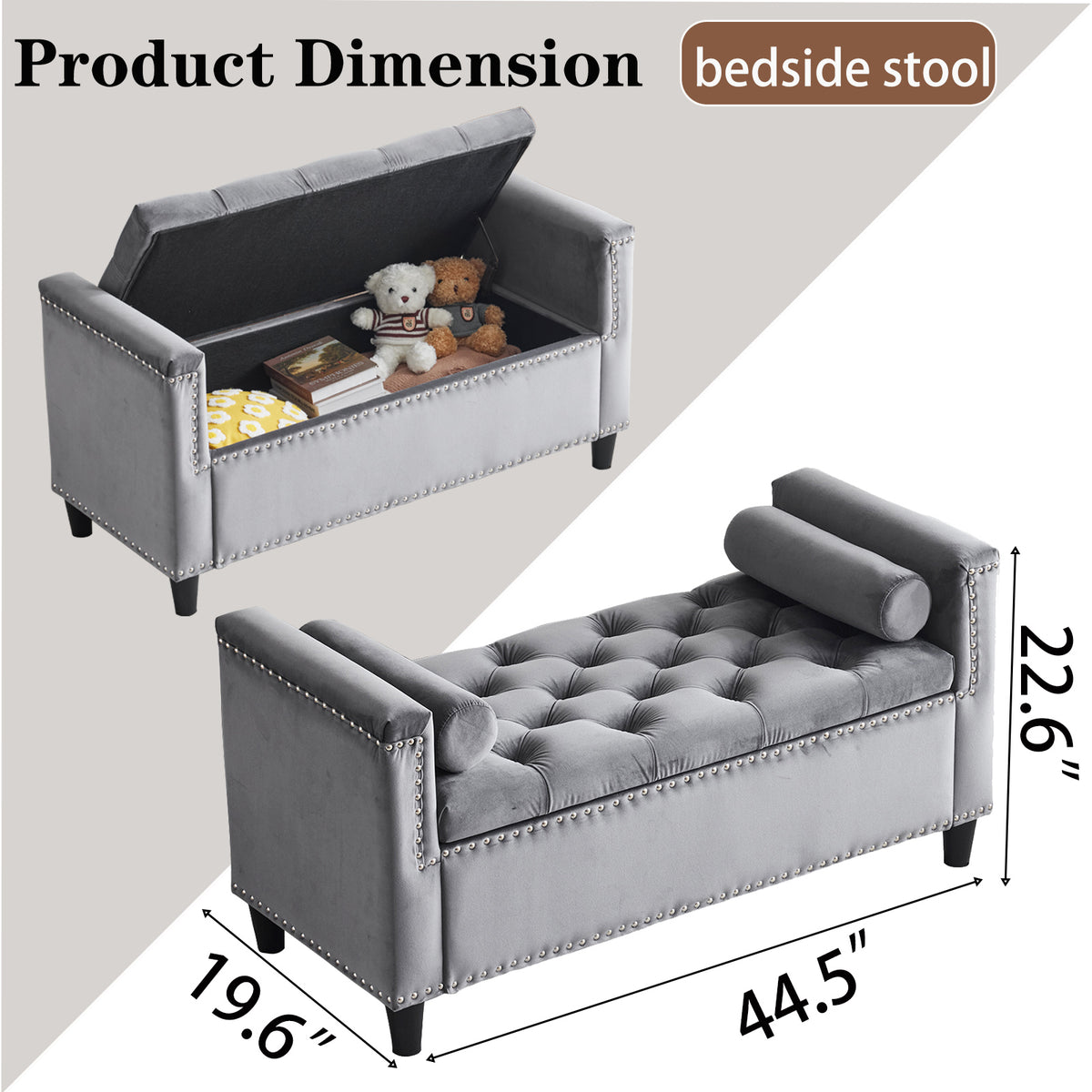 Velvet Storage Bench with Nailhead Trim Gray