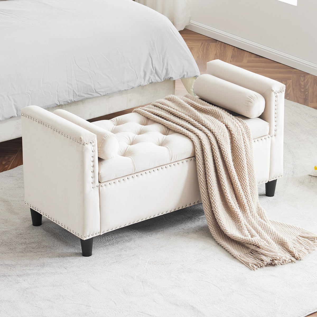 Velvet Storage Bench with Nailhead Trim Cream