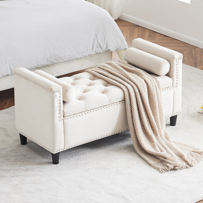Velvet Storage Bench with Nailhead Trim Cream
