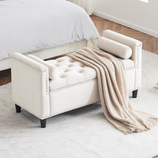 Velvet Storage Bench with Nailhead Trim Cream