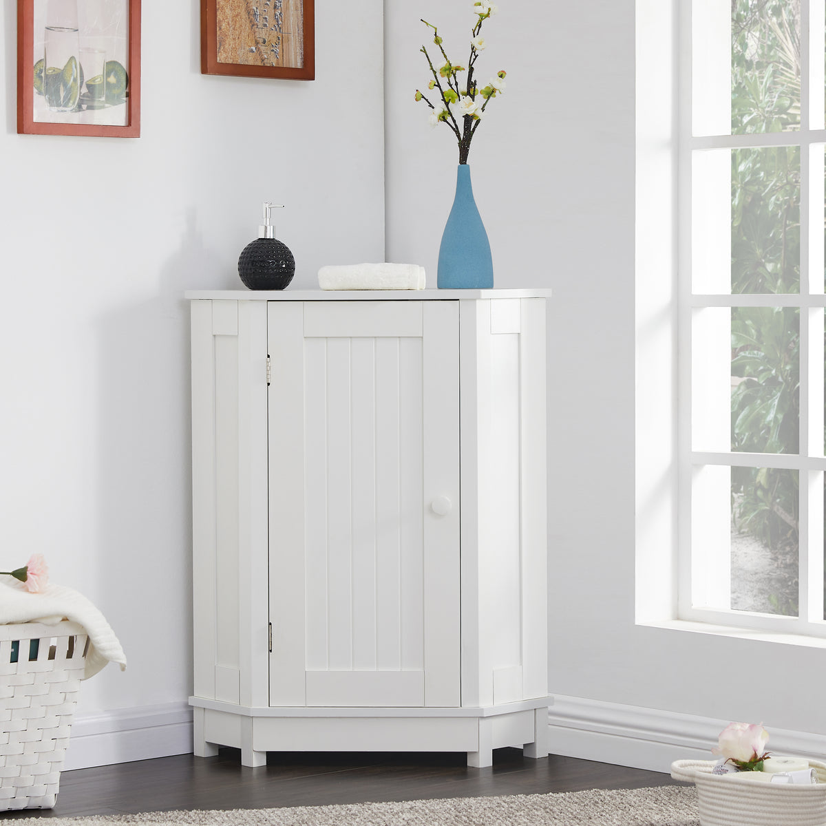 White Corner Bathroom Storage Cabinet Adjustable Shelves