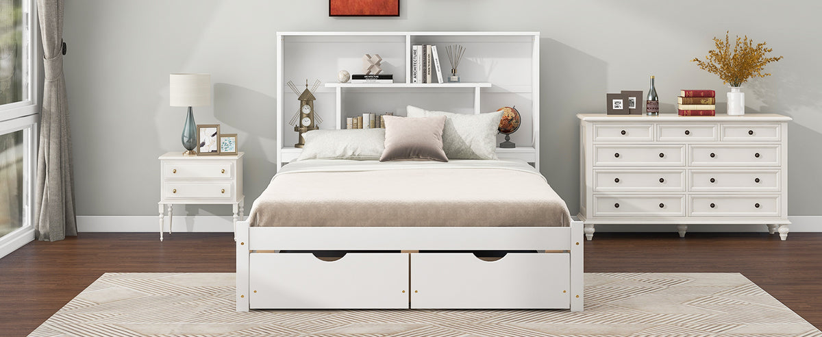 Full Platform Bed with Storage Headboard White