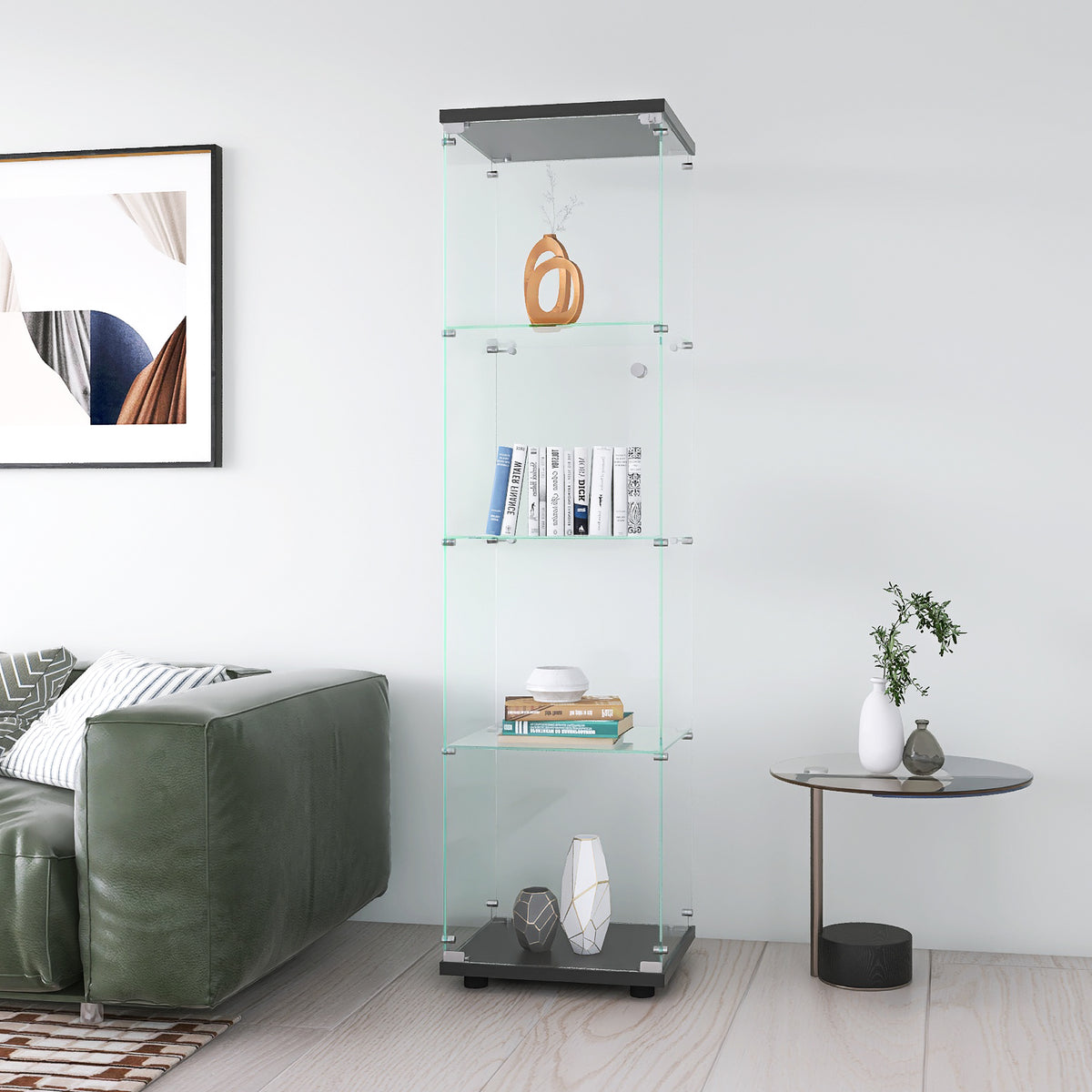 4-Layer Black Glass Display Cabinet with Shelf