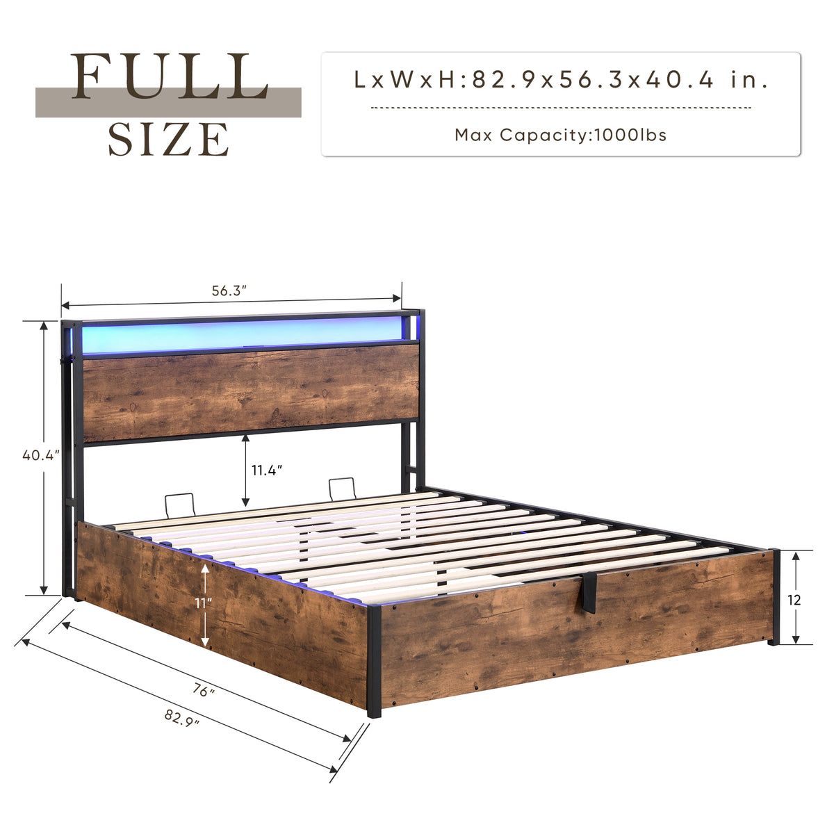 Elevating Platform Bed with LED Headboard Brown