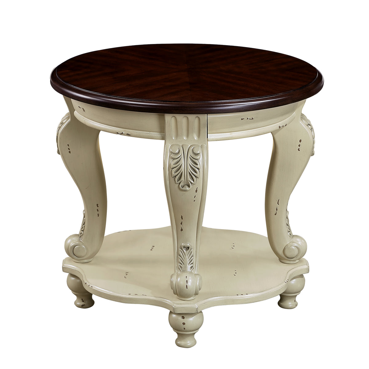 Antique White Round End Table – 22" Solid Rubberwood with Cabriole Legs & Shelf