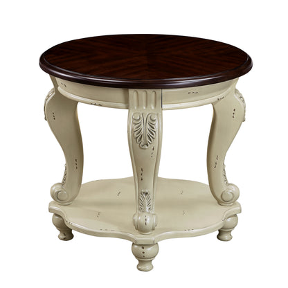 Antique White Round End Table – 22" Solid Rubberwood with Cabriole Legs & Shelf