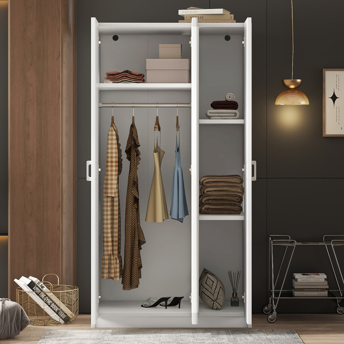 White 3-Door Wardrobe with Center Mirror – Particle Board Closet Organizer with Hanging Space
