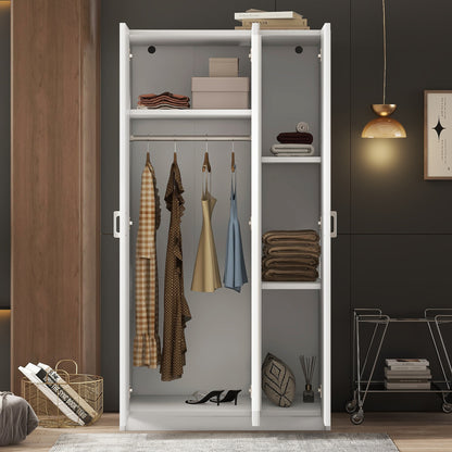 White 3-Door Wardrobe with Center Mirror – Particle Board Closet Organizer with Hanging Space