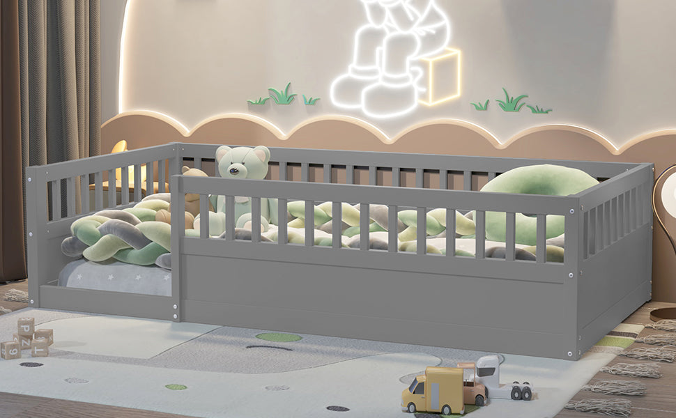 Gray Kids Floor Bed Frame with Fence