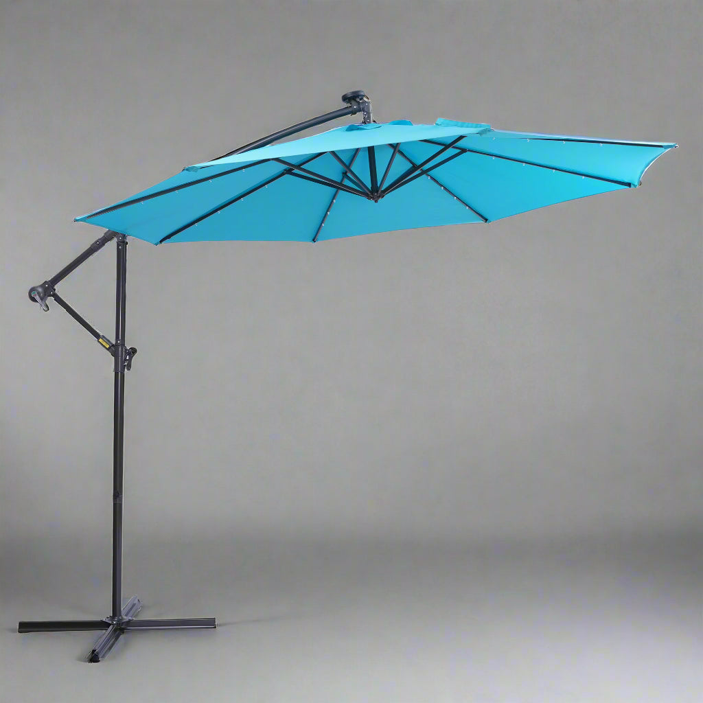 Blue 10ft Solar LED Patio Umbrella – 32 Lights with Crank & Tilt System