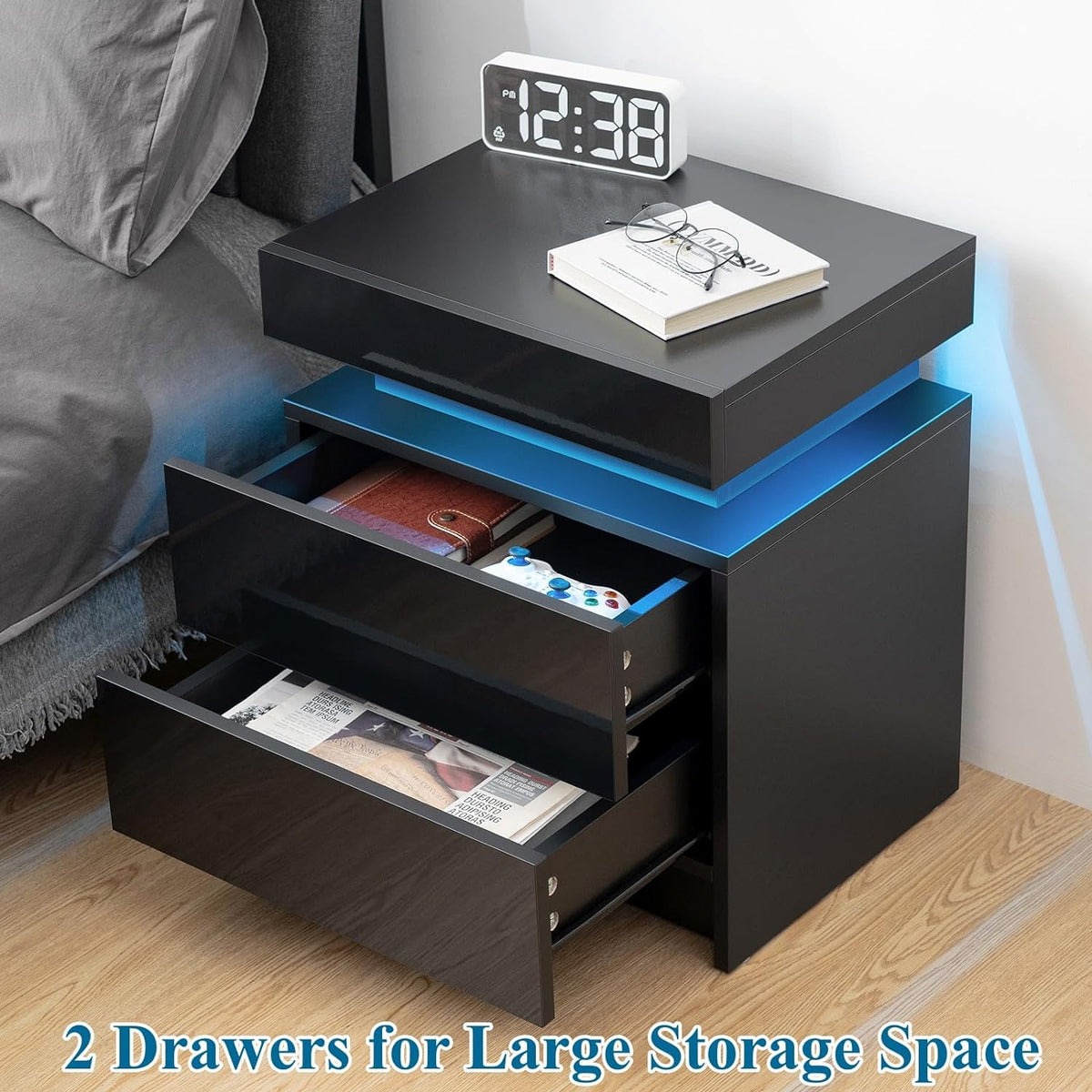 Black LED Nightstand with Storage Drawers