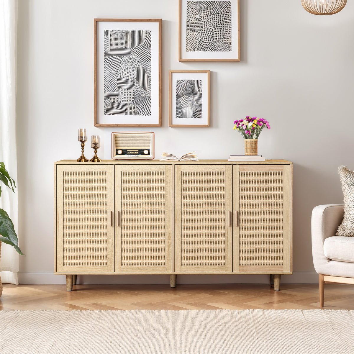 62-Inch Rattan Storage Cabinet with 4 Doors Beige
