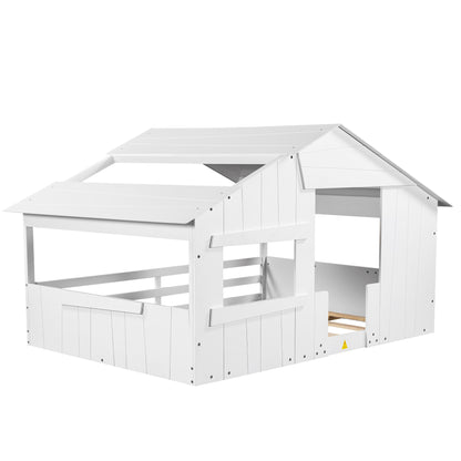 Full Wood Bed with Roof Frame White