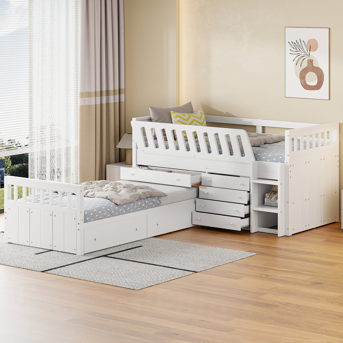 L-Shaped Twin Loft Bed with Storage White