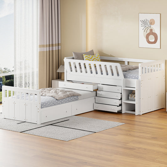 L-Shaped Twin Loft Bed with Storage White