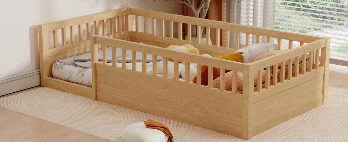 Natural Kids Floor Bed Frame with Fence