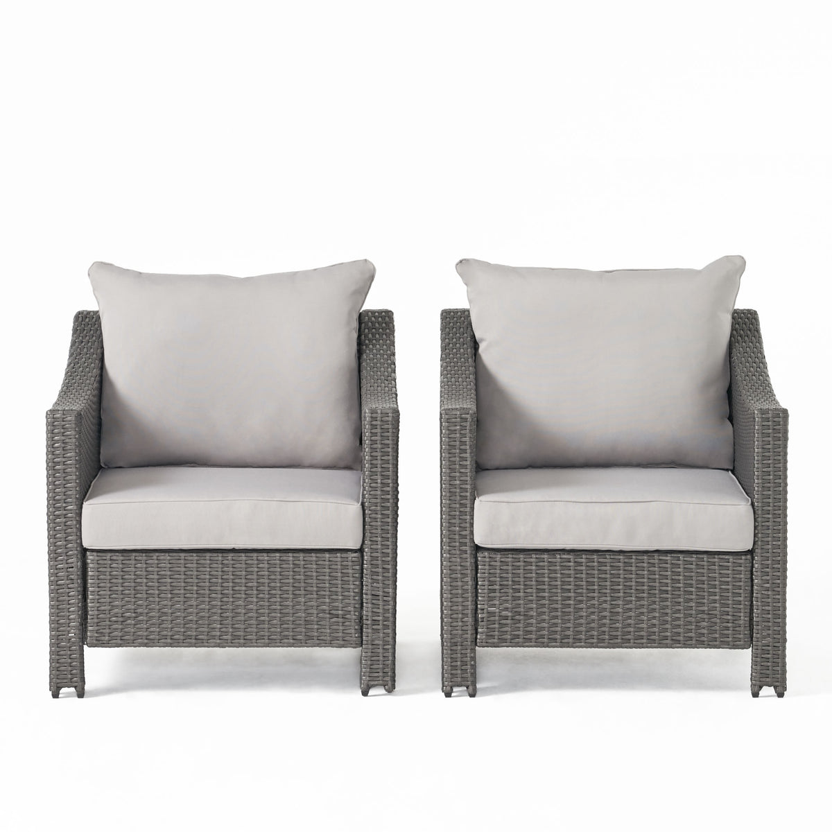 Grey PE Wicker Outdoor Club Chairs – Set of 2 with Cushions