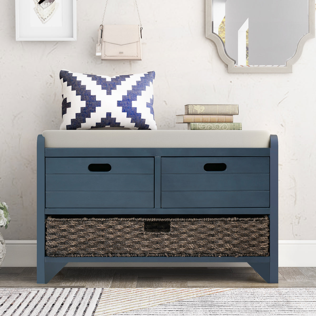 Navy Storage Bench with Rattan Basket