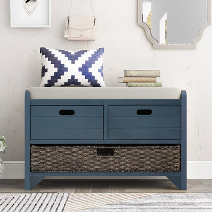Navy Storage Bench with Rattan Basket