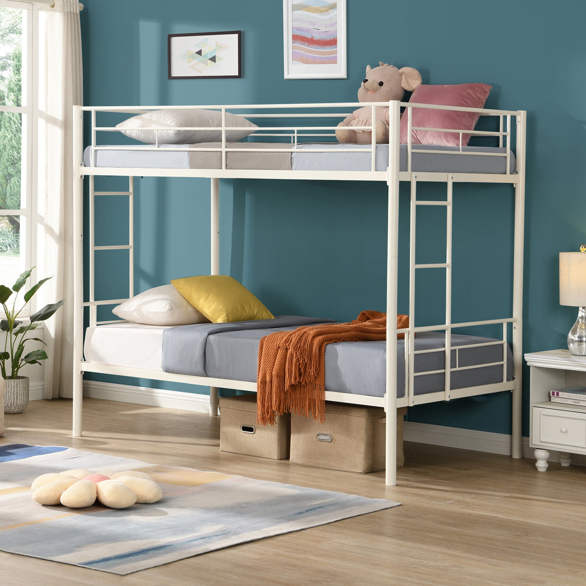 Twin Metal Bunk Bed with Safety Rail White