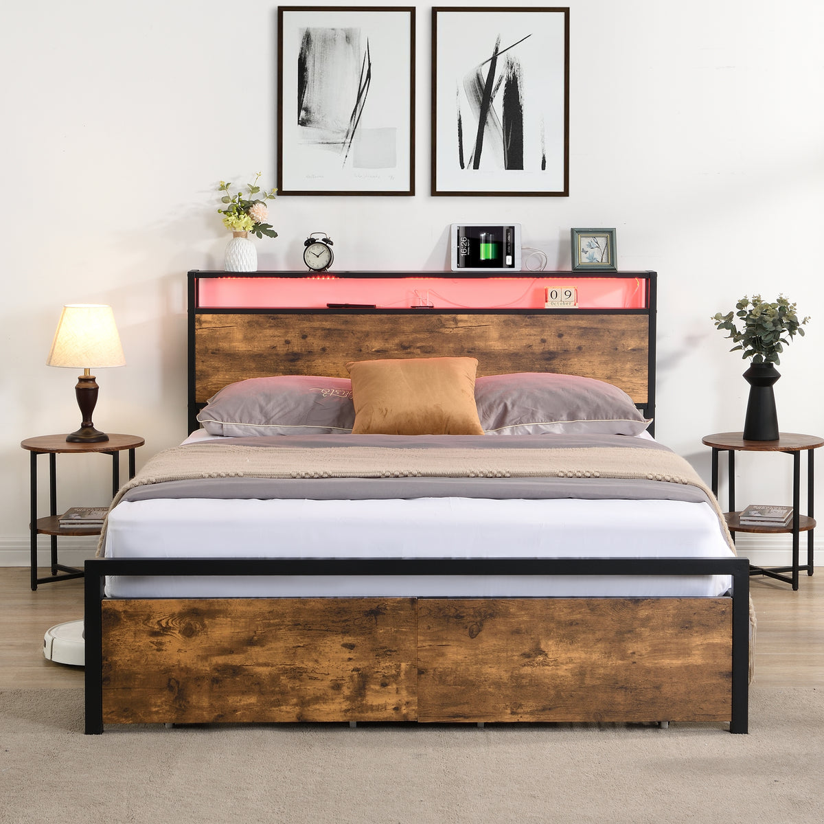 Full Size Storage Bed with LED Charging Station