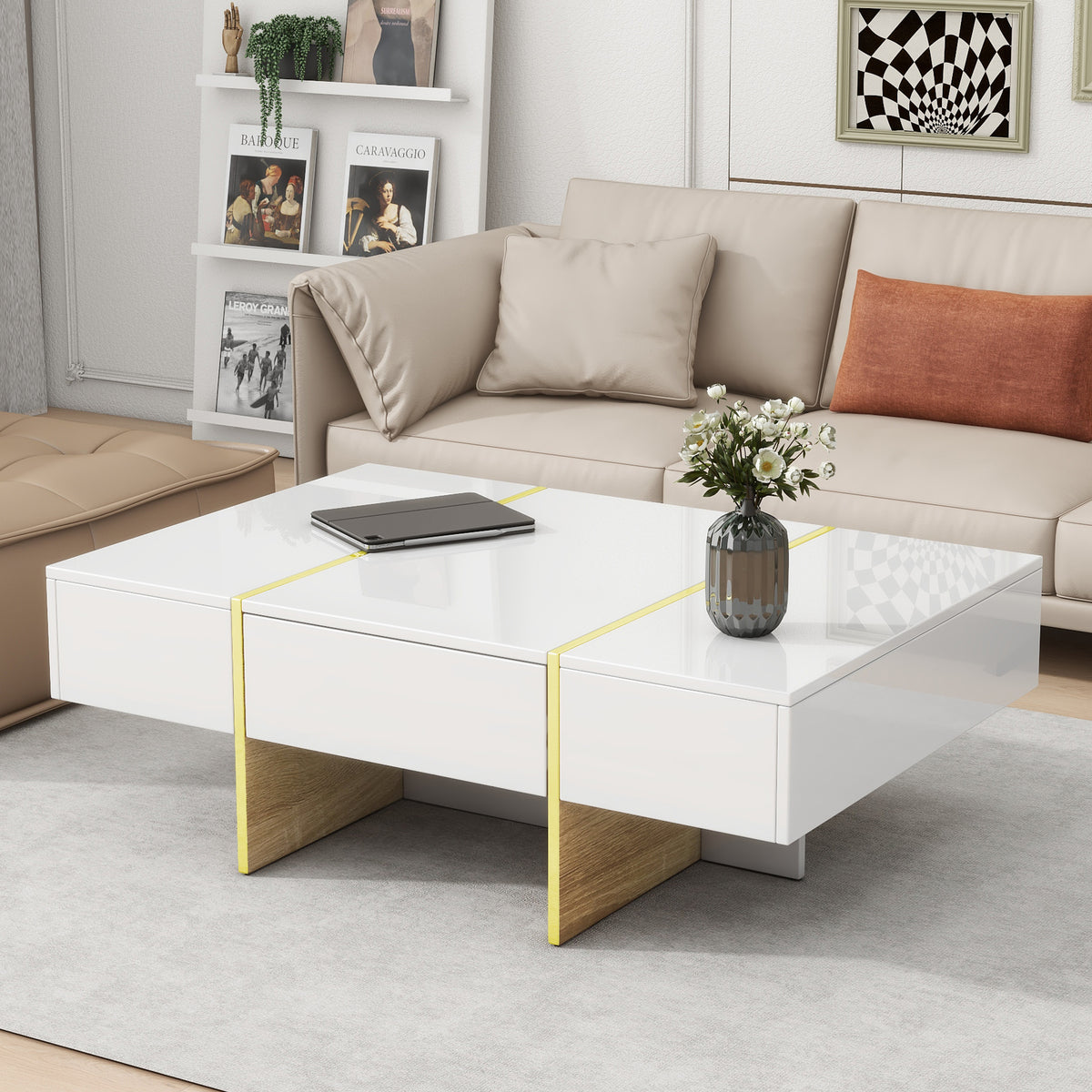 Multifunctional Table with Drawers Gold Finish