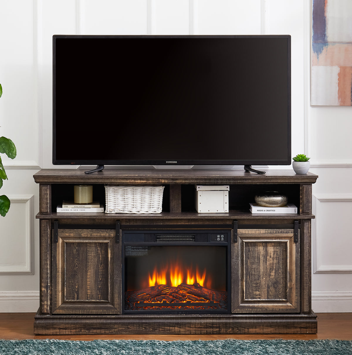 Antique Brown Entertainment Console with Fireplace