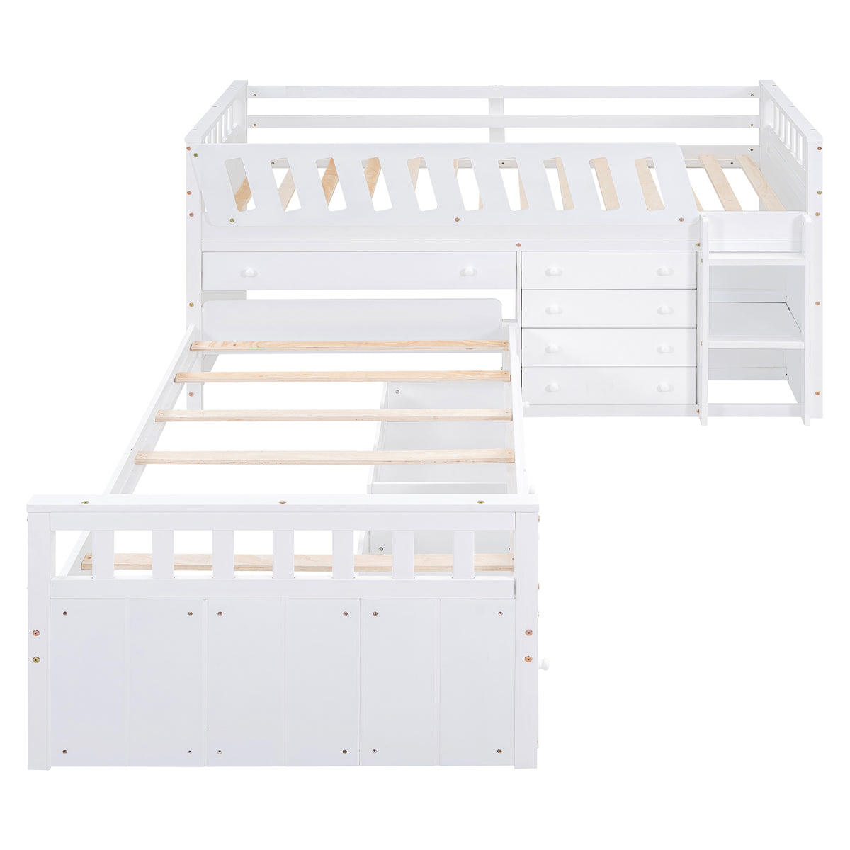 L-Shaped Twin Loft Bed with Storage White