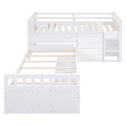 L-Shaped Twin Loft Bed with Storage White
