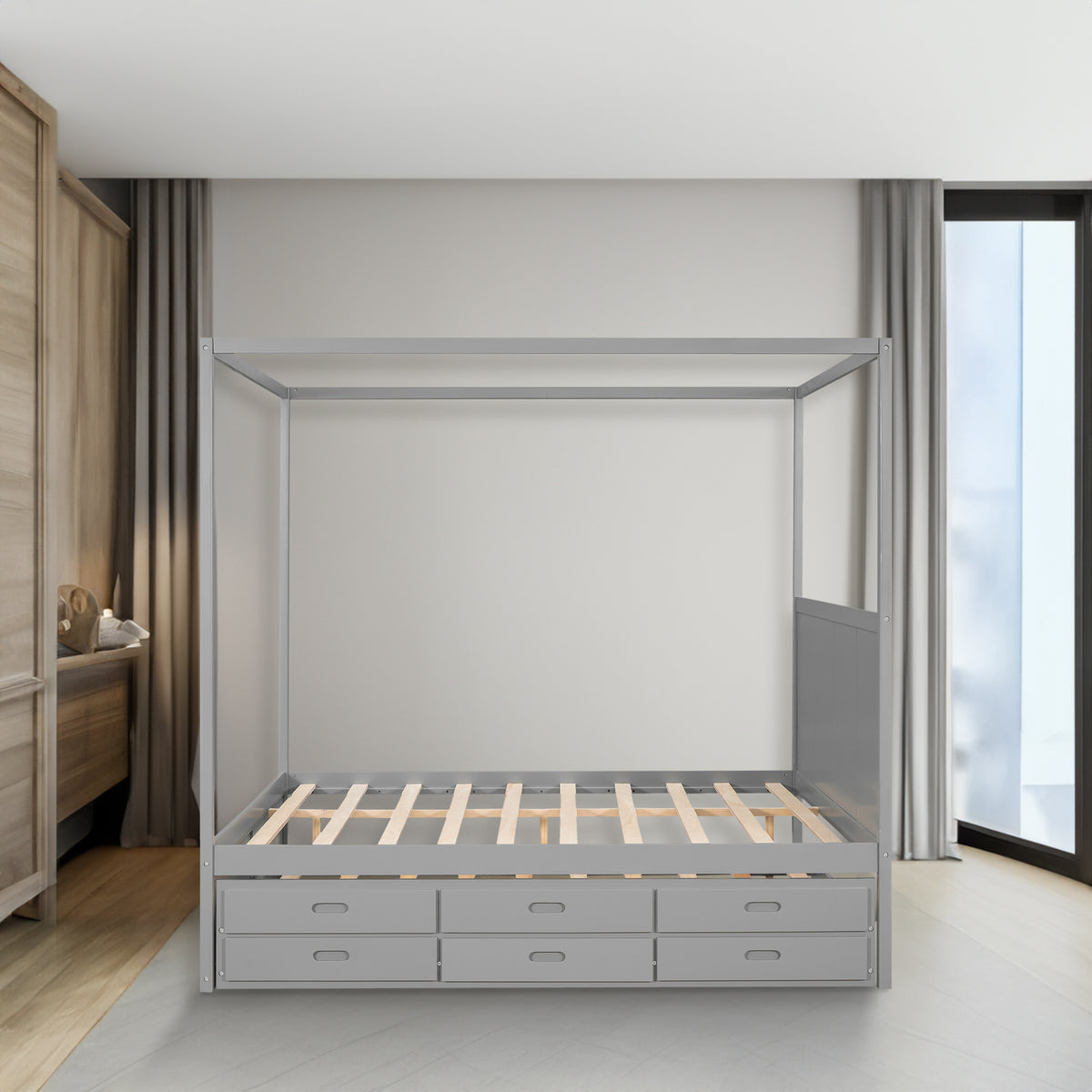 Queen Canopy Platform Bed with Drawers Gray