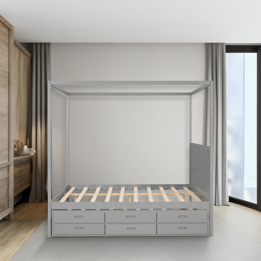 Queen Canopy Platform Bed with Drawers Gray