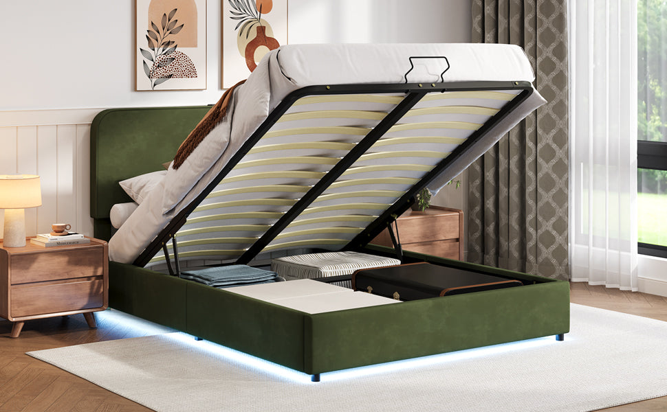 Hydraulic Storage Bed with LED Lights Green