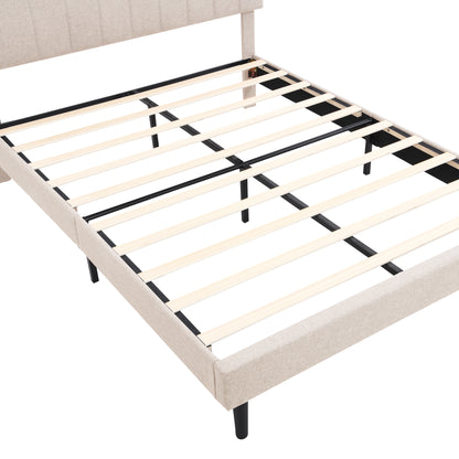 Queen Linen Platform Bed with Storage Beige
