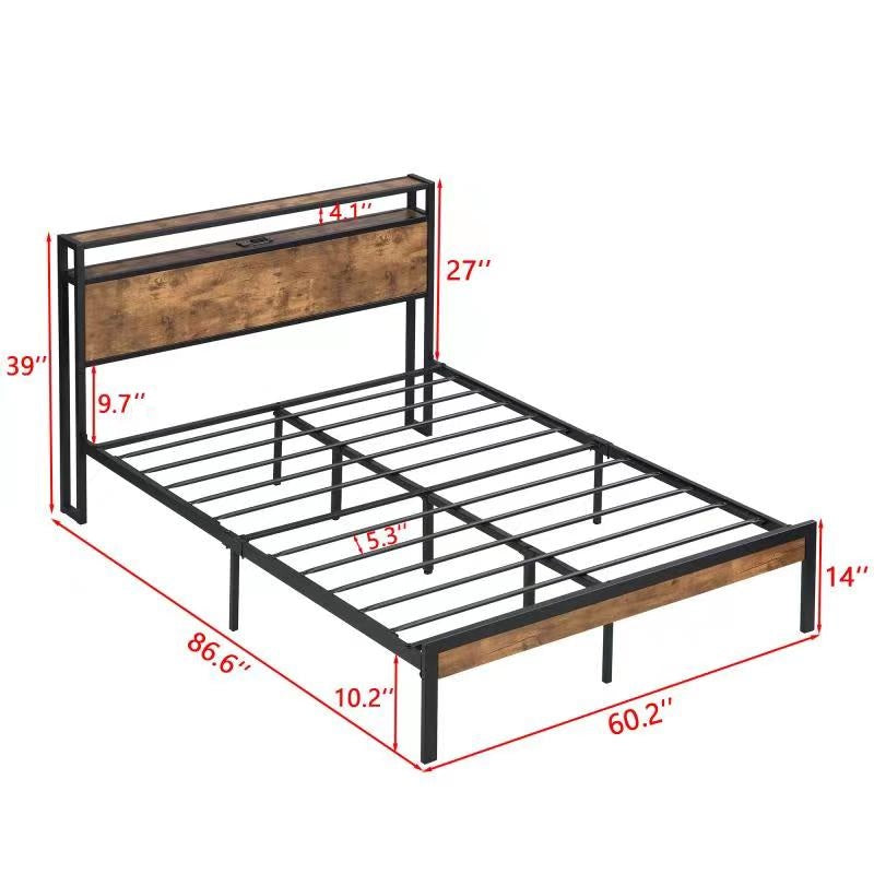 LED Platform Bed with Wood Headboard – Grey Wash