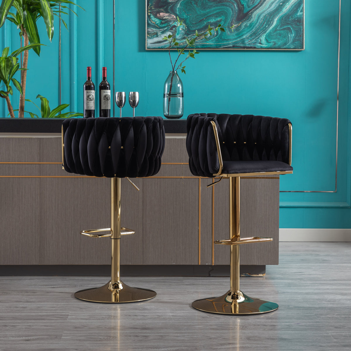 Velvet Bar Stool Set (2 pcs) – Black Finish