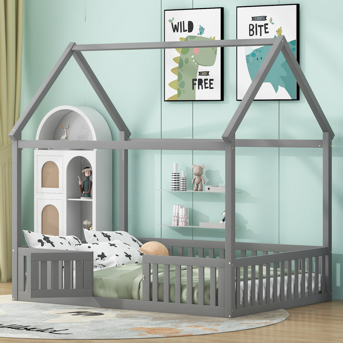 Full Wood Bed with Fence and Door Gray