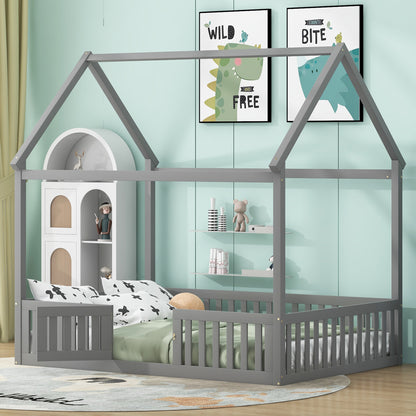 Full Wood Bed with Fence and Door Gray
