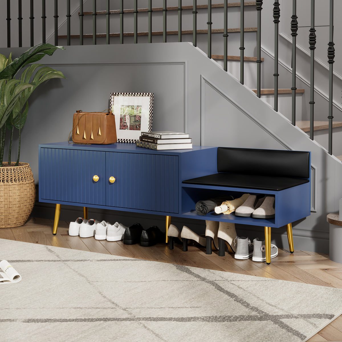 Modern Hidden Storage Bench Navy Upholstered Seat