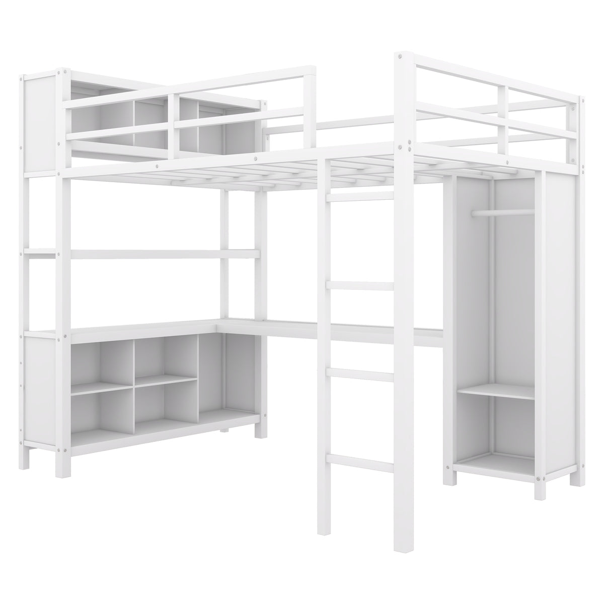 Full Loft Bed with Wardrobe and Shelf White