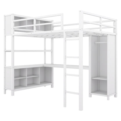 Full Loft Bed with Wardrobe and Shelf White
