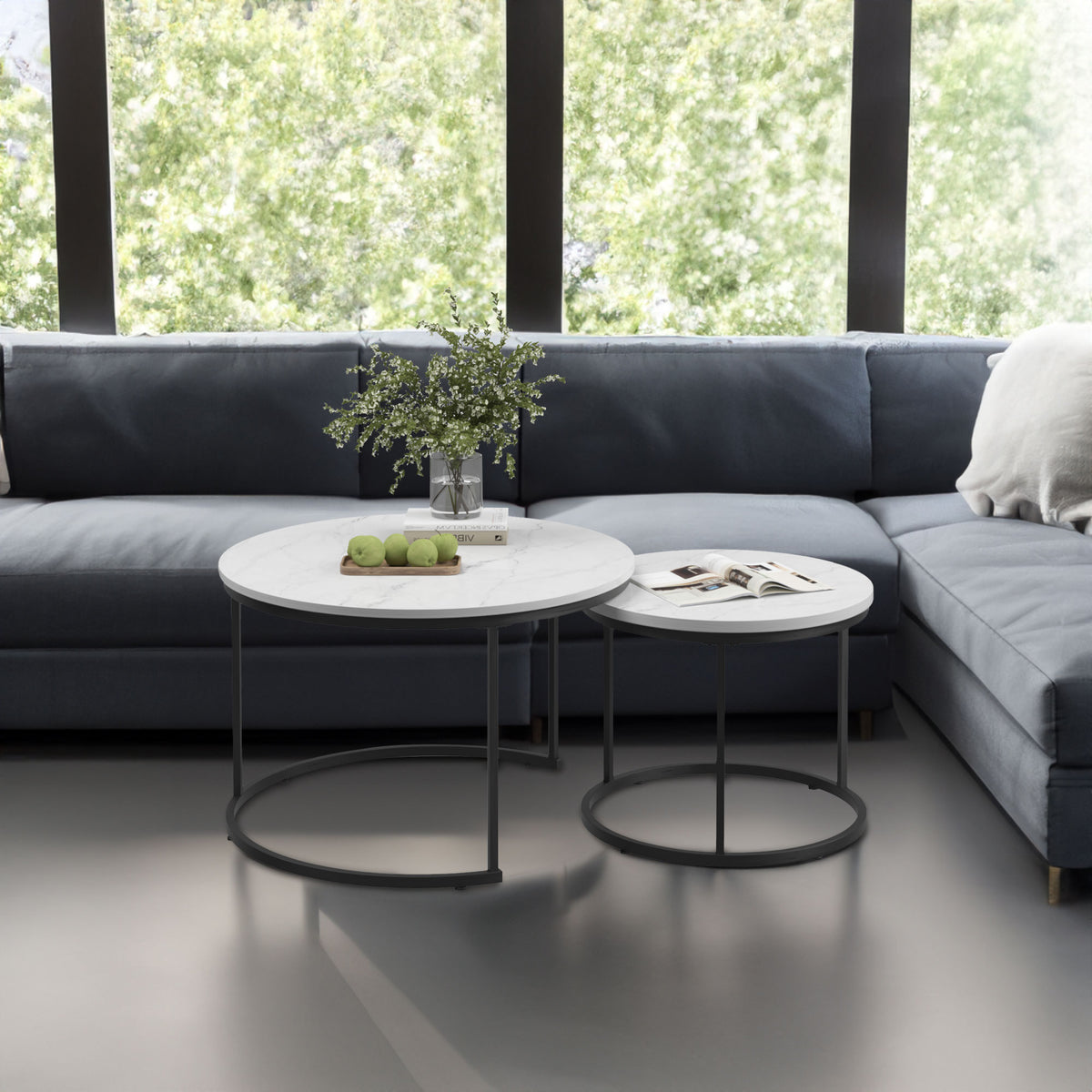 White 2-Piece Round Nesting Coffee Table Set – Marble-Look Wood Top with Metal Frame