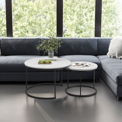 White 2-Piece Round Nesting Coffee Table Set – Marble-Look Wood Top with Metal Frame